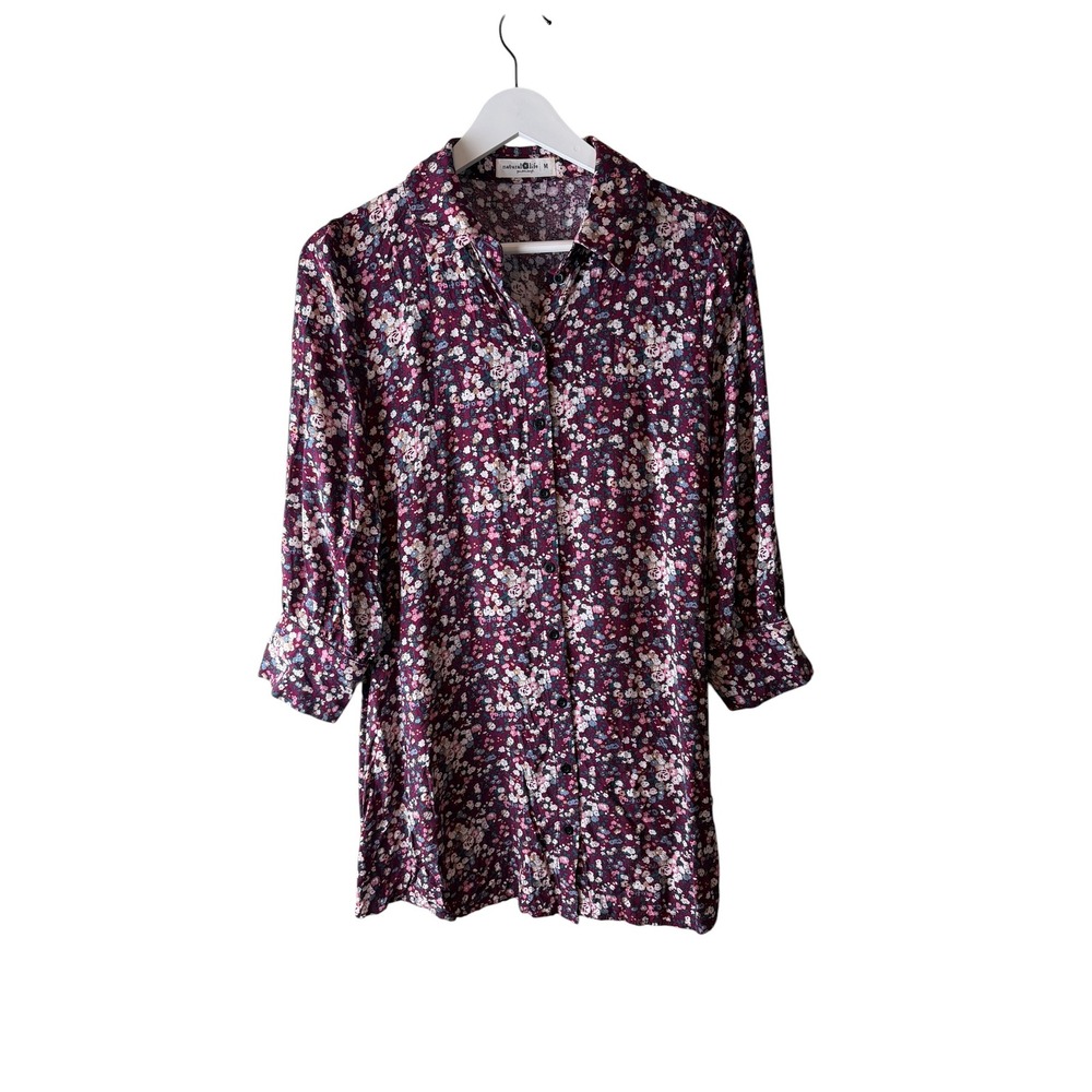 Natural Life‎ Womens Twiggy Tunic Top Burgundy Ditsy Floral Rayon 3/4 Sleeve  M
